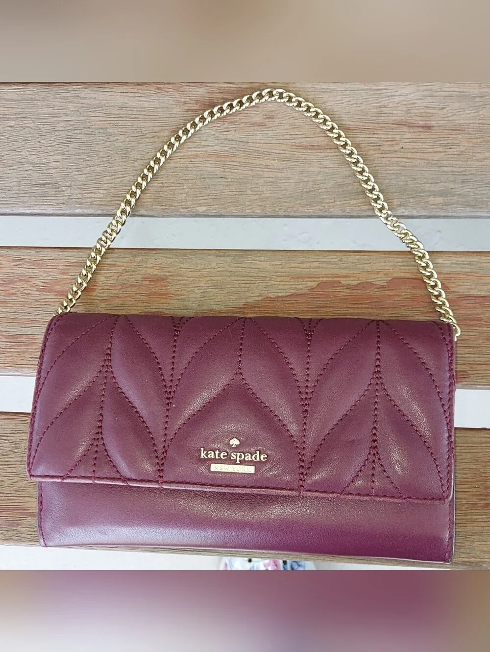 Kate Spade Quilted Wallet Purse in Deep Plum with Gold Chain Strap